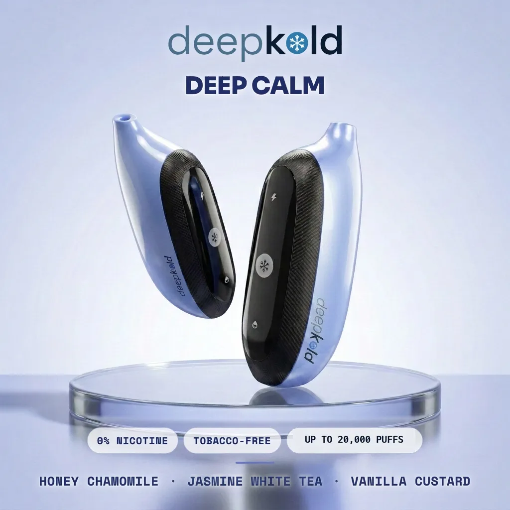 Deepkold Deep Calm nicotine-free vape lineup — 3 flavored vapes with no nicotine